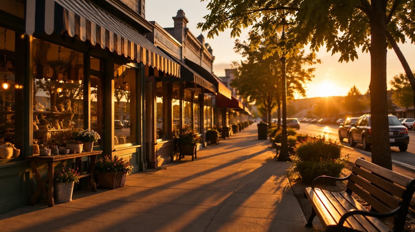 A suburban Australian high street of small independent shopfronts at golden hour